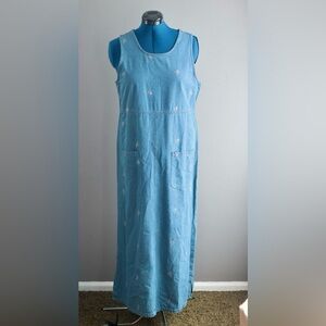 Demin & Co. Denim Dress  Med Midi Blue Floral Embroidered Sleeveless Y2K Prairie